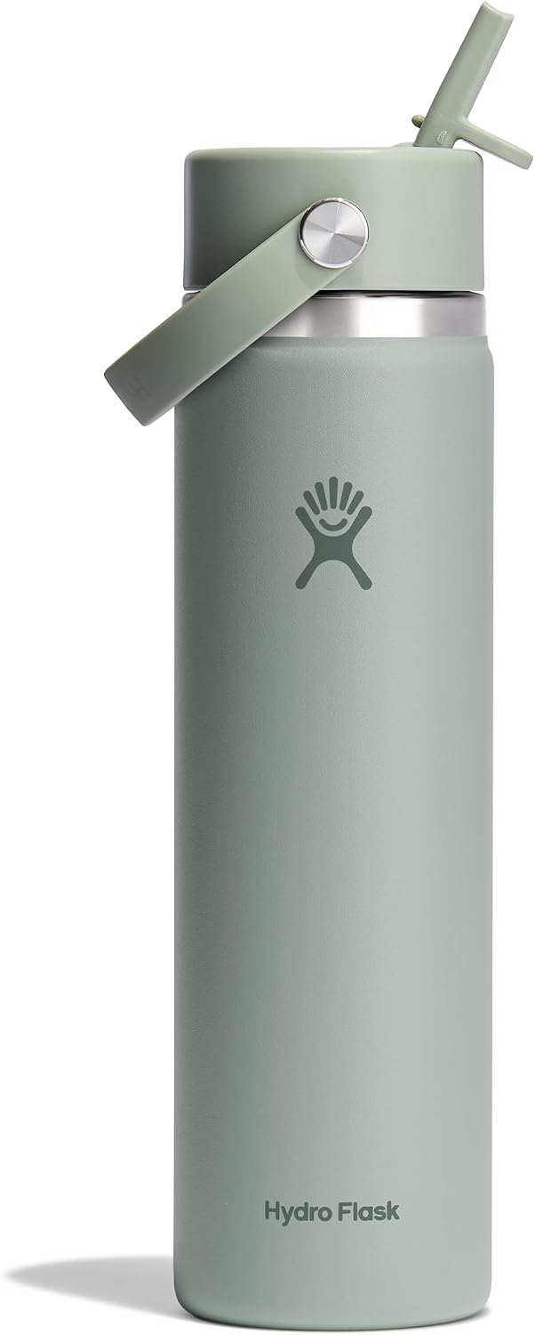 Hydro Flask Water Bottle - Insulated Stainless Steel - Wide Mouth Flex Straw Lid, Non Spill, Leakproof and Refillable in 40 Oz Aloe Green