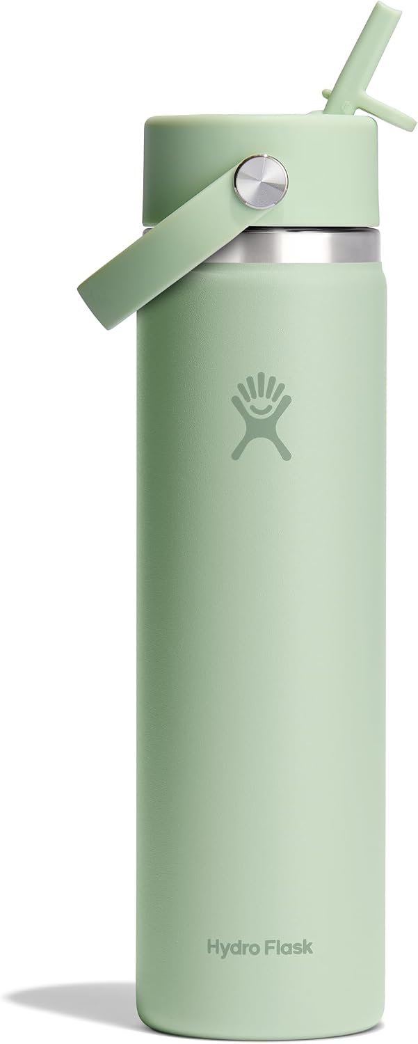 Hydro Flask Water Bottle - Insulated Stainless Steel - Wide Mouth Flex Straw Lid, Non Spill, Leakproof and Refillable in 40 Oz Aloe Green