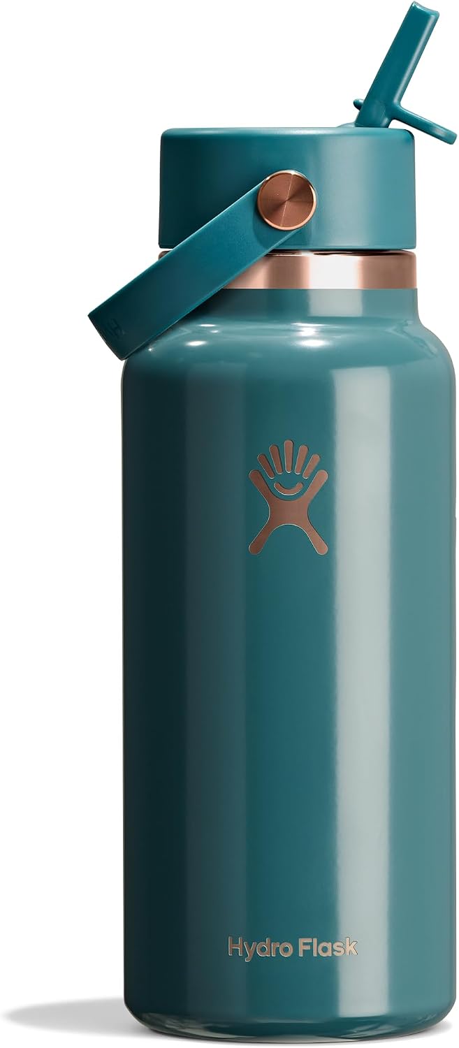 Hydro Flask Water Bottle - Insulated Stainless Steel - Wide Mouth Flex Straw Lid, Non Spill, Leakproof and Refillable in 40 Oz Aloe Green