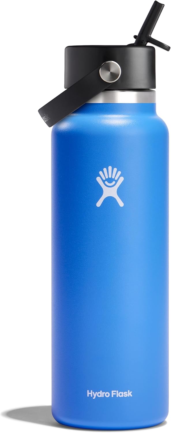 Hydro Flask Water Bottle - Insulated Stainless Steel - Wide Mouth Flex Straw Lid, Non Spill, Leakproof and Refillable in 40 Oz Aloe Green