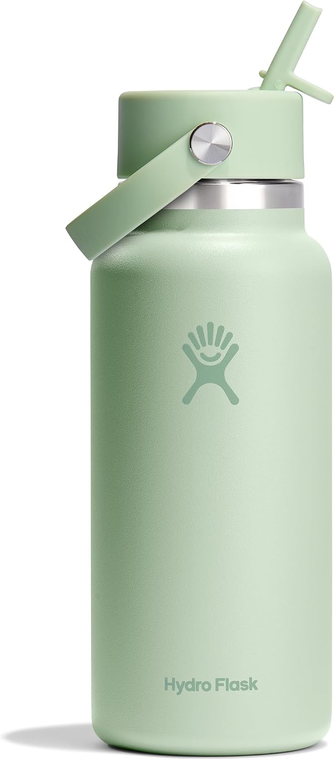 Hydro Flask Water Bottle - Insulated Stainless Steel - Wide Mouth Flex Straw Lid, Non Spill, Leakproof and Refillable in 40 Oz Aloe Green