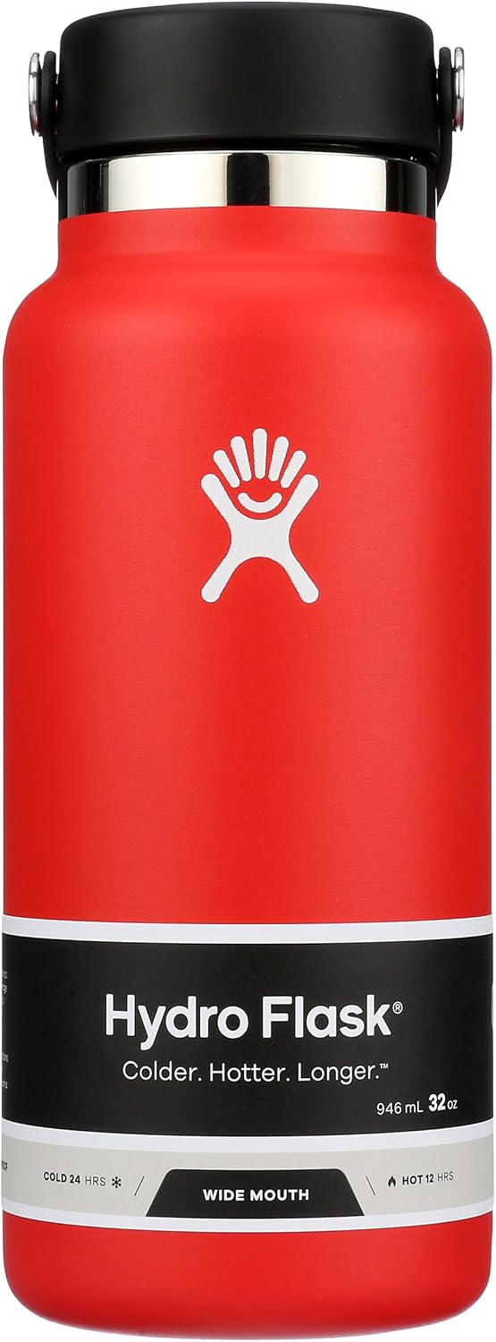 Hydro Flask Water Bottle - Insulated Stainless Steel - Wide Mouth Flex Lid, Non Spill, Leakproof and Refillable in 32 Oz Black