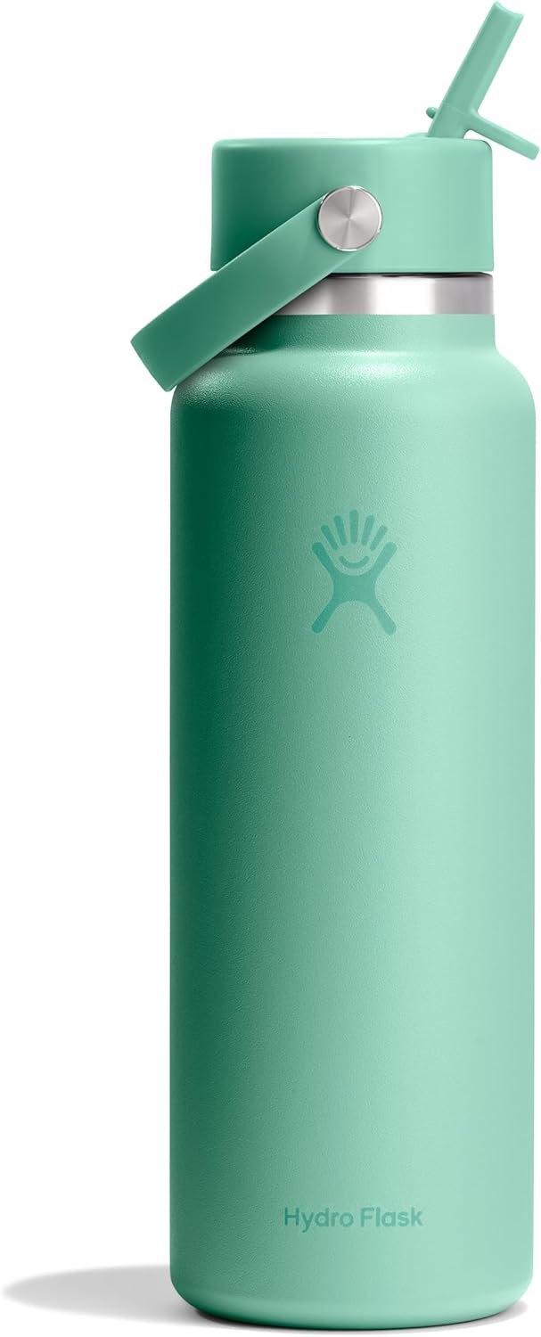 Hydro Flask Water Bottle - Insulated Stainless Steel - Wide Mouth Flex Straw Lid, Non Spill, Leakproof and Refillable in 40 Oz Aloe Green