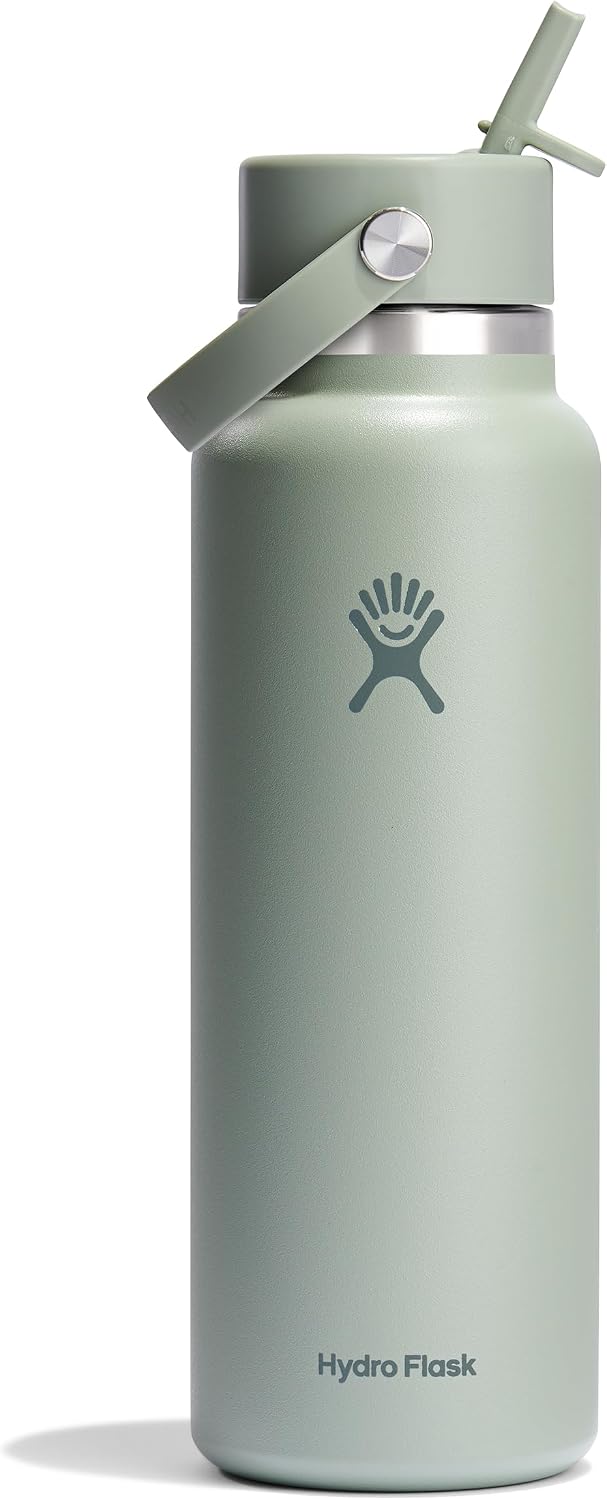 Hydro Flask Water Bottle - Insulated Stainless Steel - Wide Mouth Flex Straw Lid, Non Spill, Leakproof and Refillable in 40 Oz Aloe Green