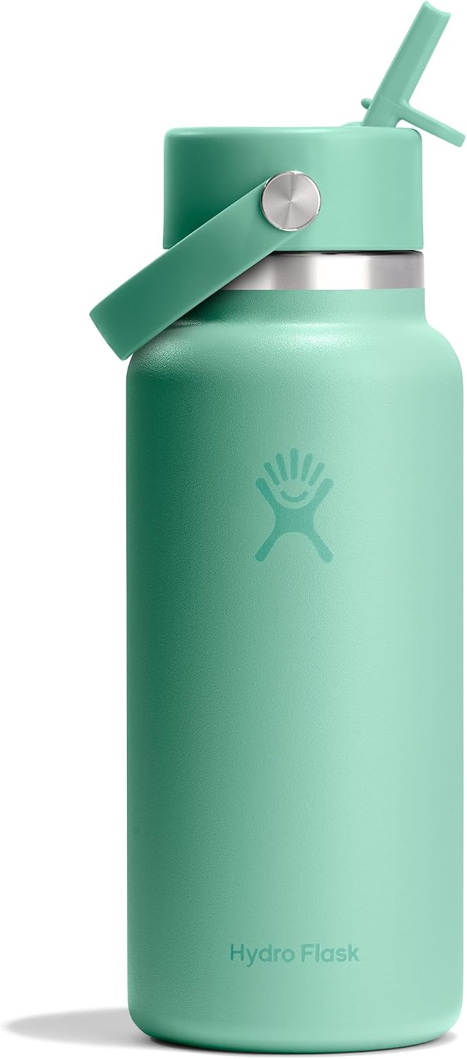 Hydro Flask Water Bottle - Insulated Stainless Steel - Wide Mouth Flex Straw Lid, Non Spill, Leakproof and Refillable in 40 Oz Aloe Green