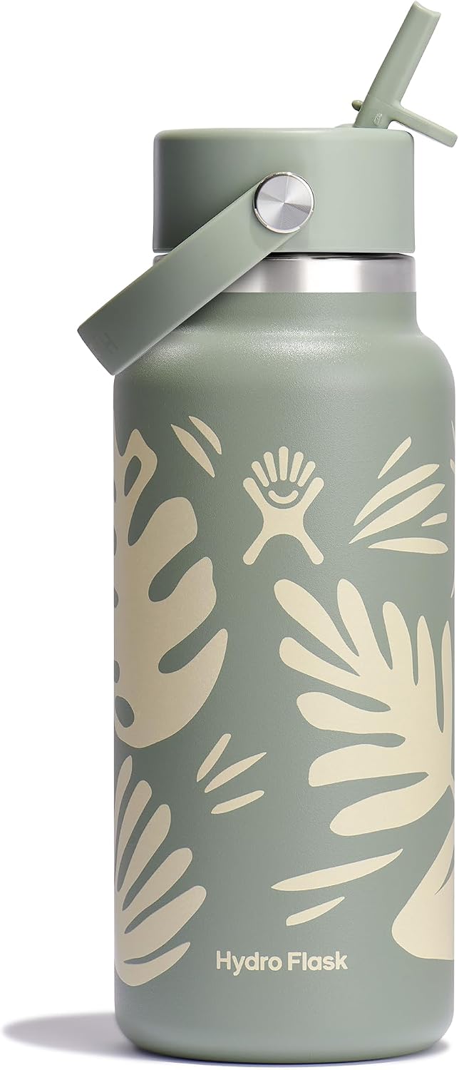 Hydro Flask Water Bottle - Insulated Stainless Steel - Wide Mouth Flex Straw Lid, Non Spill, Leakproof and Refillable in 40 Oz Aloe Green