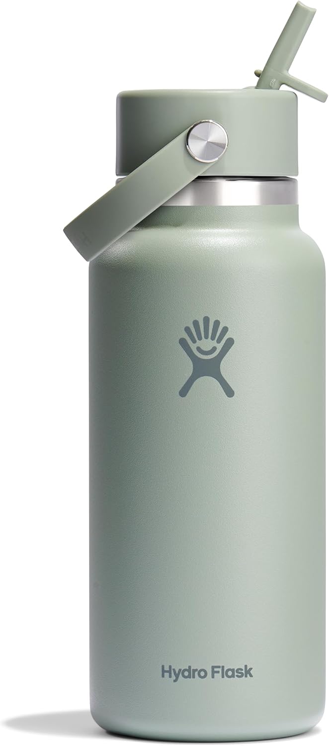 Hydro Flask Water Bottle - Insulated Stainless Steel - Wide Mouth Flex Straw Lid, Non Spill, Leakproof and Refillable in 40 Oz Aloe Green