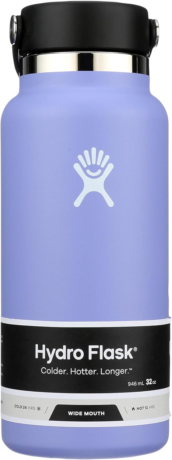Hydro Flask Water Bottle - Insulated Stainless Steel - Wide Mouth Flex Lid, Non Spill, Leakproof and Refillable in 32 Oz Black