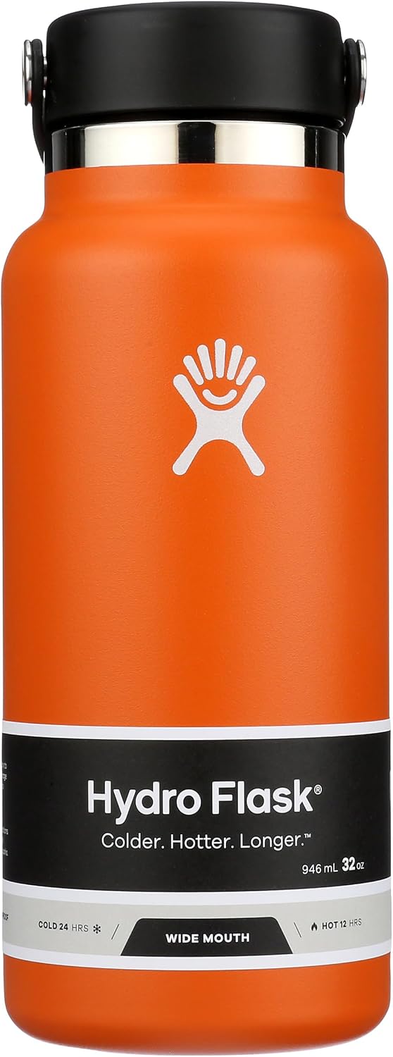 Hydro Flask Water Bottle - Insulated Stainless Steel - Wide Mouth Flex Lid, Non Spill, Leakproof and Refillable in 32 Oz Black