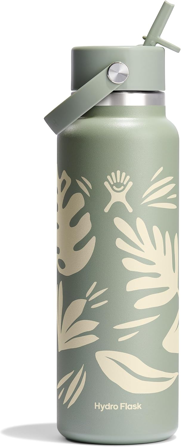 Hydro Flask Water Bottle - Insulated Stainless Steel - Wide Mouth Flex Straw Lid, Non Spill, Leakproof and Refillable in 40 Oz Aloe Green